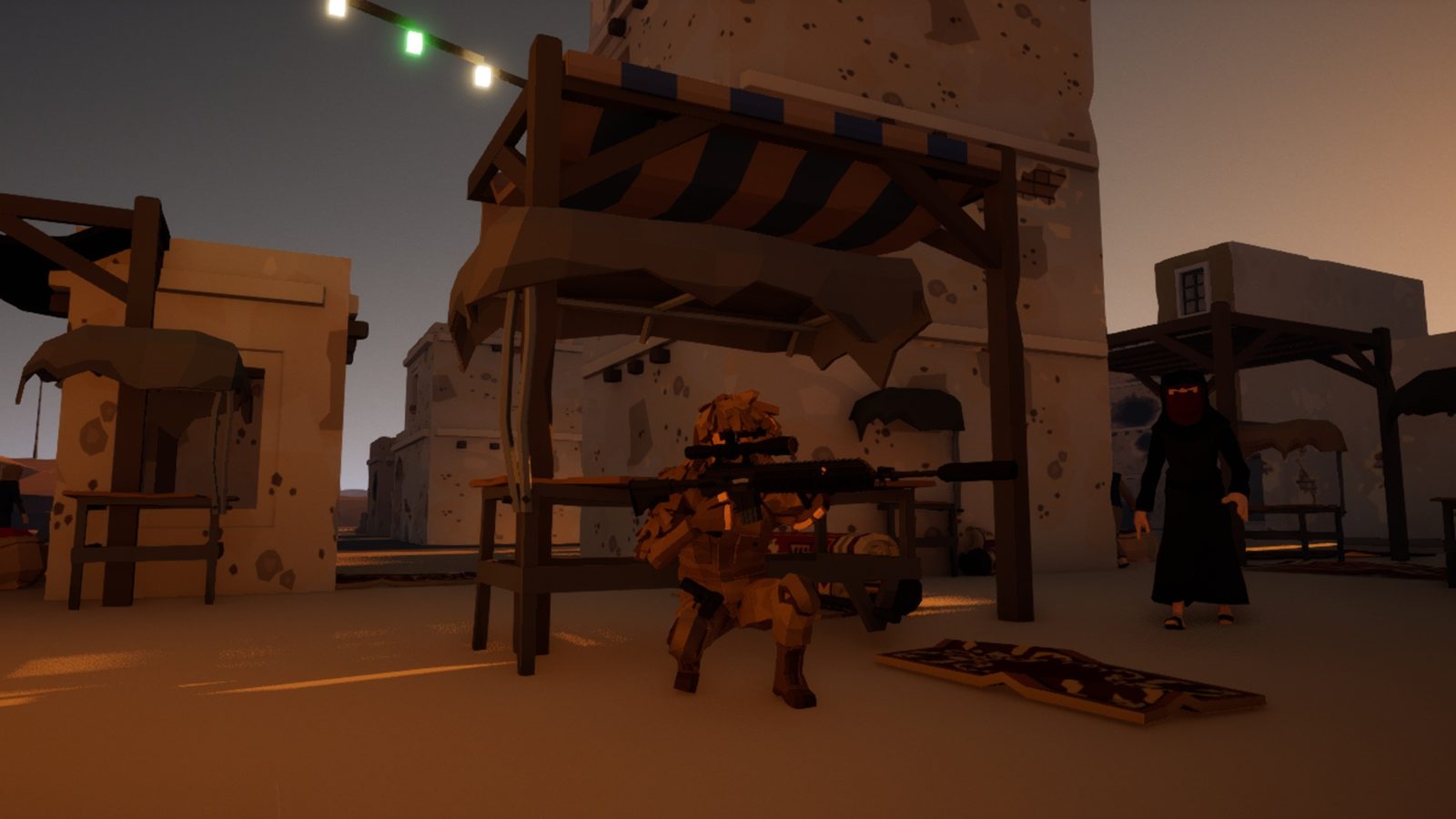 A ghillie-suited sniper crouched under a market awning