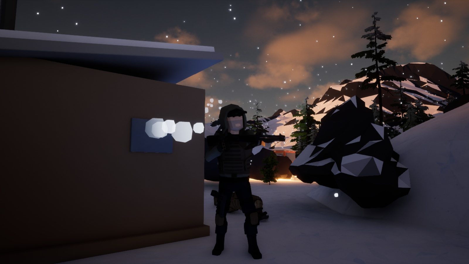 An operator pinned at a cabin corner as bullets hit the wall