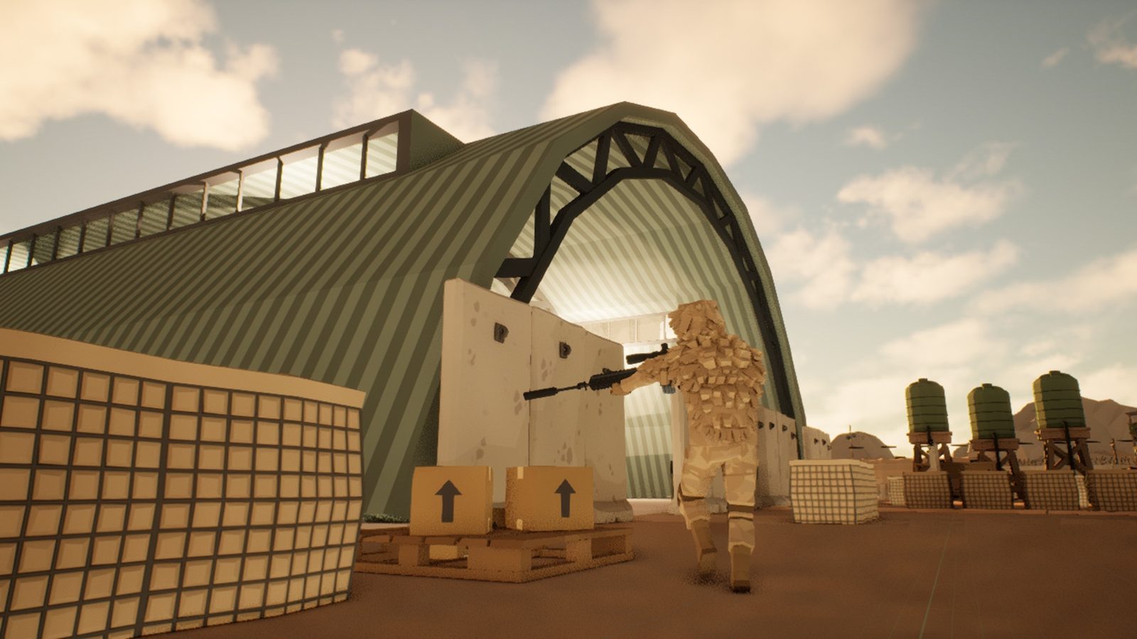 A sniper posted at a T-wall corner below the hangar