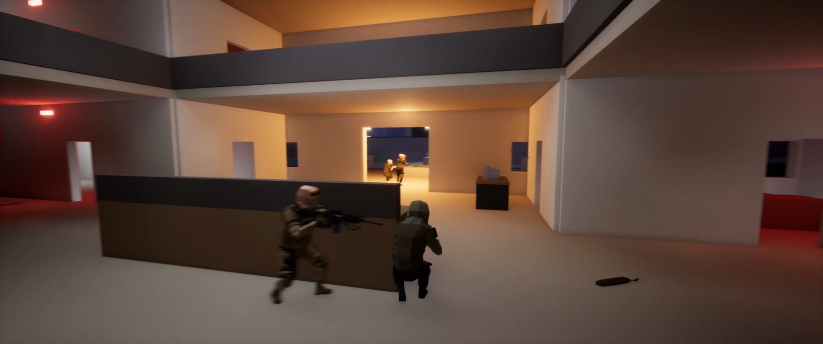 Close-quarters fight in red-lit embassy offices