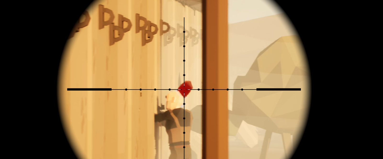 Through a sniper scope, the crosshair on an enemy at a wooden wall