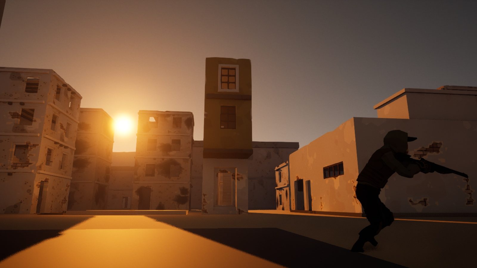 A fighter silhouetted against the sunset between the towers of the Bazaar