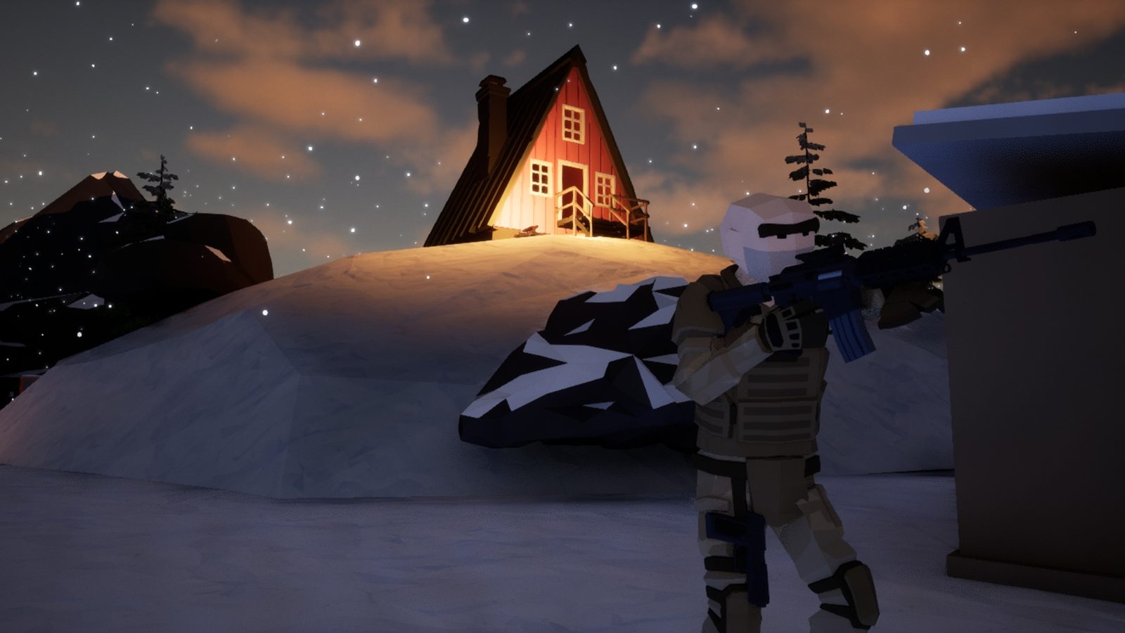 Frostpine Ridge at dusk, an operator in the snow below a lit cabin