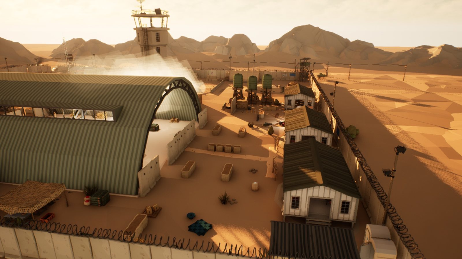 FOB Kestrel from above: hangar, tower and T-walls